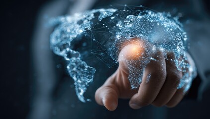 A hand interacts with a translucent, network-connected 3D globe,  glowing warmly where touched, suggesting global connectivity