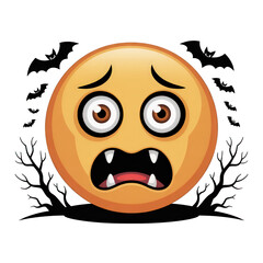 Scared emoji with fangs in a spooky halloween scene on transparent background