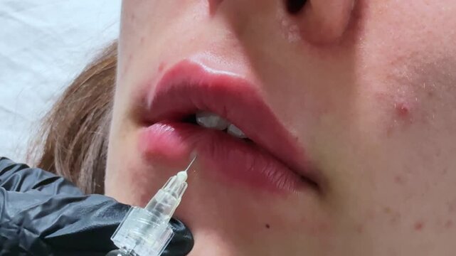 Macro lips closeup filler injection young woman black gloves needle lip plumping gel hyaluronic acid volume correction beauty aesthetic treatment skincare medical cosmetic face