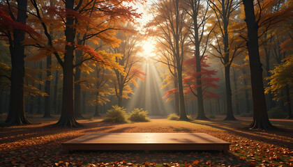Serene autumn forest scene with warm sunlight streaming through vibrant colorful trees onto a wooden platform.