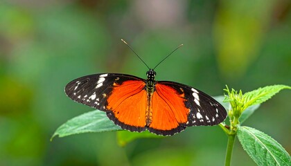 Fototapeta premium Vibrant orange and black butterfly with delicate wings perches on a lush green leaf.