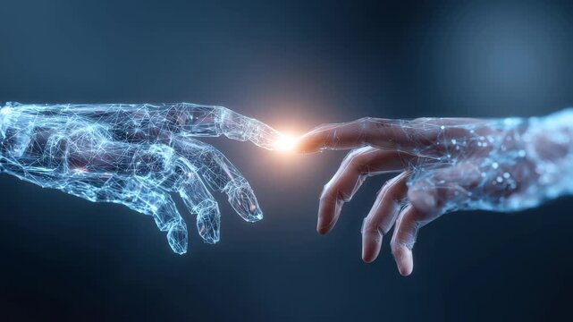 Symbolic representation of agentic autonomy in a holographic form depicting the connection between human and technology through a digital hand reach