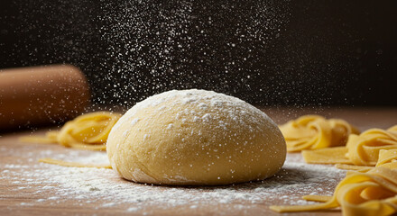 Close-up of fresh pasta dough being dusted with flour