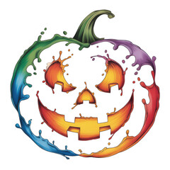 Colorful halloween pumpkin with paint splashes art on transparent background