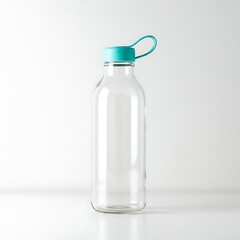 Empty Glass Bottle with Teal Cap Isolated on White Background