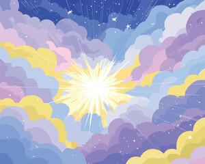 벡터 스타일의 밝은 만화 구름과 빛 배경