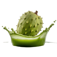 Soursop fruit splashing in green liquid on black on transparent background