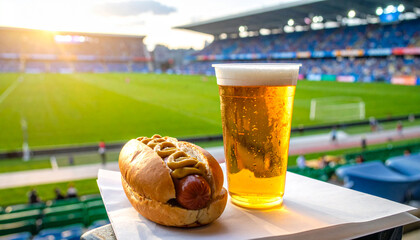 Beer in a plastic cup and a bratwurst with mustard in a bun with a view of a football stadium. Typical stadium food in Germany.