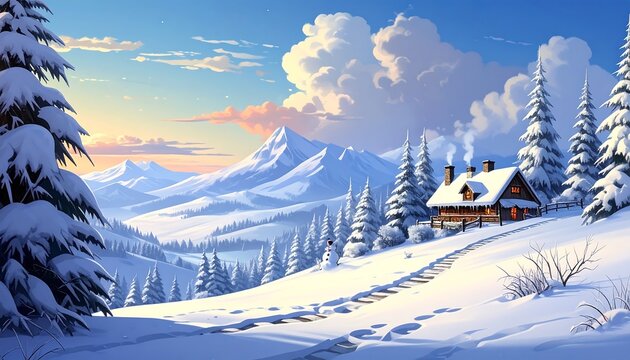 Winter wonderland chalet nestled in snowy mountains