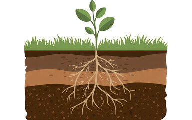 Plant with roots in soil layers illustration on transparent background