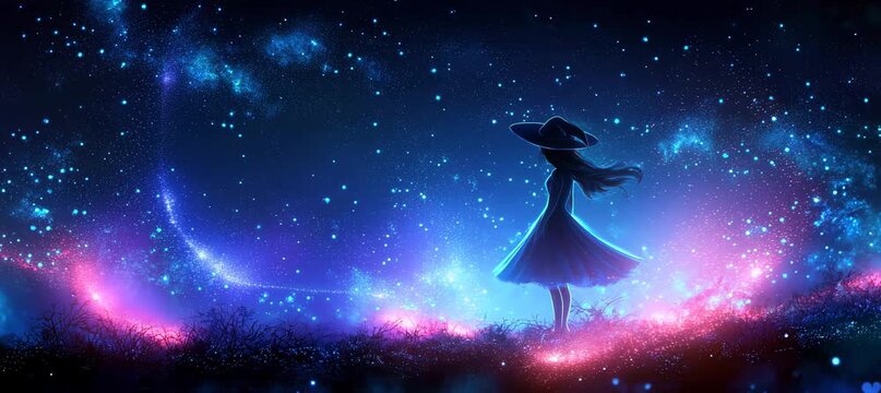 Silhouette of girl witch magician at night fantasy land. Generative video AI technology.	
