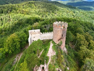 Fototapeta premium Aerial View of Haut-Ribeaupierre Castle Tower in the Vosges Mountains, Alsace, France