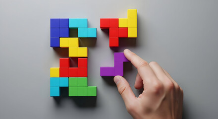 Obraz premium Hand placing final puzzle piece completing colorful block arrangement challenge