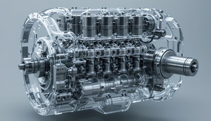 Detailed cutaway view of a complex engine mechanism, showcasing intricate inner workings in a clear, transparent design.