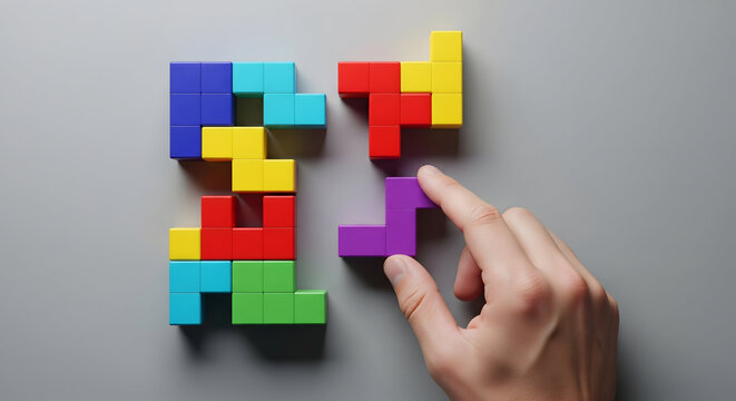 Hand placing final puzzle piece completing colorful block arrangement challenge