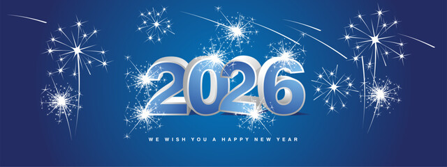 We wish you Happy New Year 2026. New modern 3d concept design. Light blue white silver 3D 2026 with shadows and stars sparkling fireworks on blue background