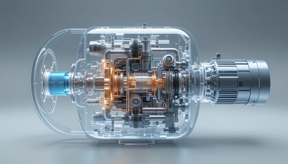 A detailed, transparent depiction of a complex engine's inner workings, showcasing intricate components and a modern aesthetic.