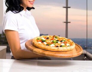 Woman holding a pizza on a wooden board, cityscape background