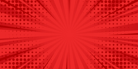 Red comic sunburst effect background with halftones. Pop art comic style background. Perfect for templates, sales banners, wallpapers, advertisements, web pages, and more.