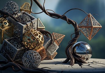 Geometric assemblage of metallic forms intertwined with a serpentine organic structure creating a surreal and abstract
