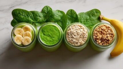 Obraz premium realistic top view of smoothie jars with spinach, banana, almond milk, oats, and granola topping