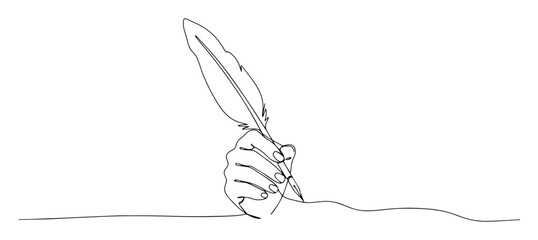 hand holding feather quill line art © Wieslaw