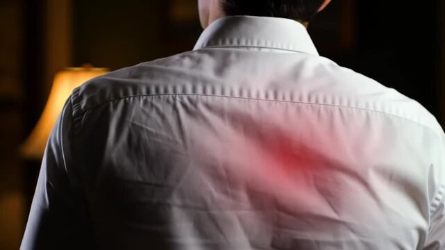 Rear view of a person in a white collared shirt with a red area on the back, set against a dimly lit background
