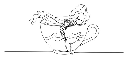 mermaid bathing inside teacup monoline vector art