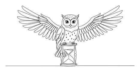 wise owl spreading wings above hourglass monoline vector art