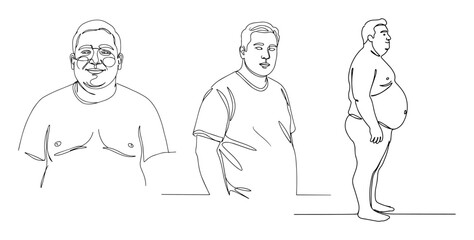 portraits of three overweight men monoline vector art