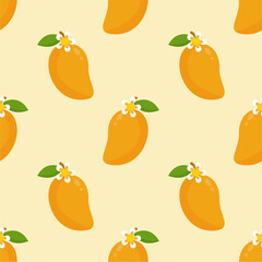 Vector seamless pattern with mango fruits. Summer tropical fruits on a white background.