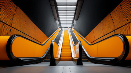 Modern escalator leading to bright light

