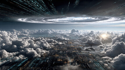 A digital cloud computing concept with swirling clouds made of binary code