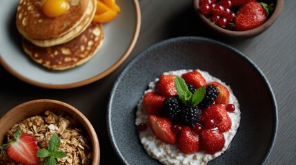 Fototapeta premium cinematic top view of brunch table with pancakes, oatmeal, chia pudding, granola, and fresh fruits