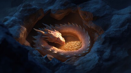 fantasy top view of a dragon curled around a treasure hoard inside a glowing cave