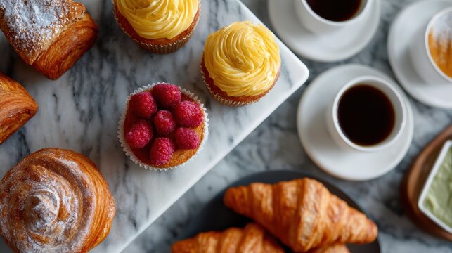 top view of bakery counter with cupcakes, croissants, coffee cups, and pastries arranged neatly