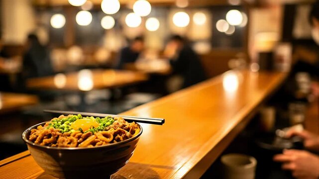 Gyudon with Raw Egg Yolk in Japanese Restaurant Interior
