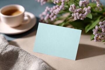 greeting card mockup on desk, cozy stationery setup, pastel colors