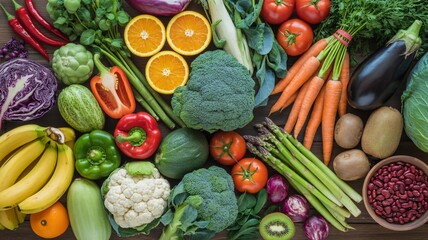 A vibrant assortment of fresh produce, including colorful bell peppers, juicy oranges, leafy greens, and ripe tomatoes, creates a visually appealing and healthy display
