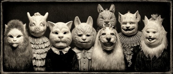 Group of animal masks with various feline and canine designs arranged in a row on a black background in black and white photography style