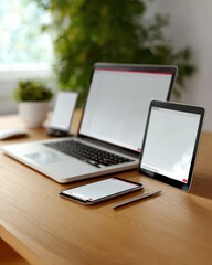 Fototapeta premium website mockup on multiple devices, laptop, tablet, smartphone, office desk