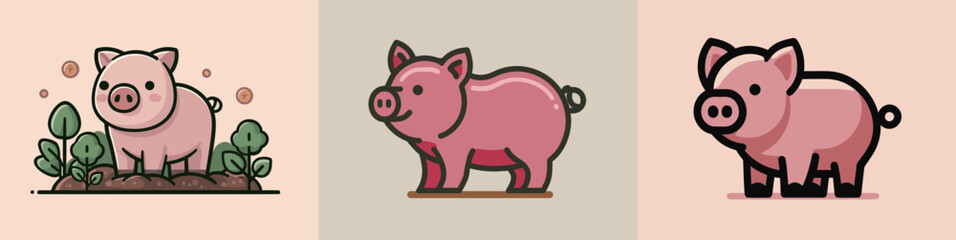 Obraz premium Three adorable cartoon pigs are displayed, each with distinct features and colors. They are set against various pastel backgrounds, showcasing their playful nature.