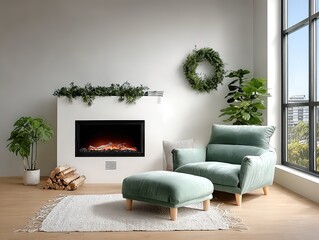 White Electric Fireplace with Garland & Green Wreath - White Wall Emerald Green Bar Chair Modern Living Room Interior Mock-Up Stock