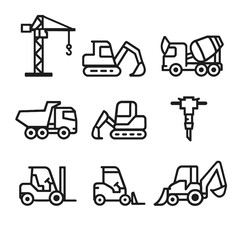 Construction and Heavy Equipment Line Icons Set