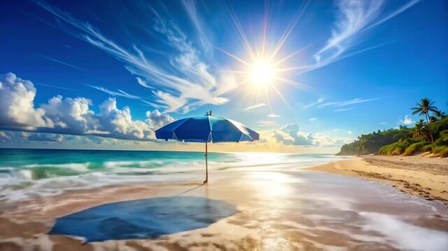 Tropical Beach Paradise: Umbrella, Waves, and Sunshine