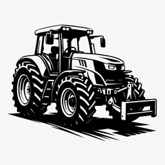 Modern Farm Tractor Vector Illustration in Black and White