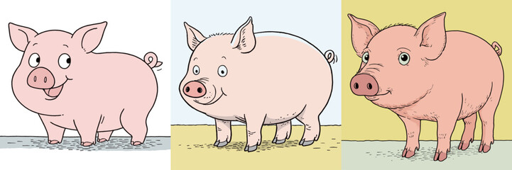 Fototapeta premium Three cartoon pigs display different expressions and positions. Each pig is uniquely styled and set against a simple background, adding cheerfulness to the scene.