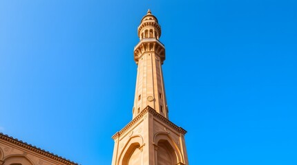 Obraz premium Iconic Minaret of a Mosque Against a Clear Blue Sky, Capturing Architectural Grandeur and Spiritual Significance