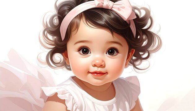 A charming portrait of a baby girl with curly dark hair, a delicate pink headband, and expressive brown eyes, showcasing a soft, warm color palette against a pristine white backdrop.