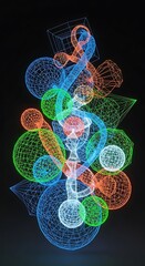 Geometric wireframe abstract sculpture with vibrant neon colors display